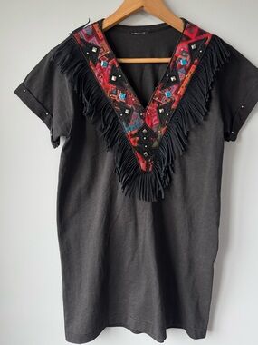 (S/M) Black Fringe V-Neck Embroidered Women’s Top